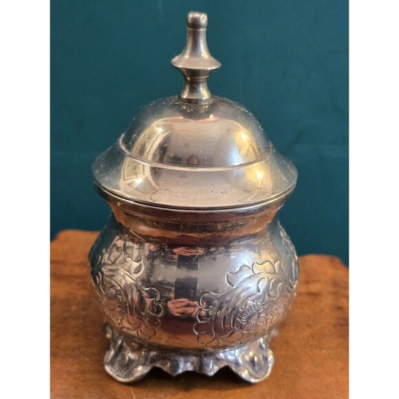 Vintage Miniature Tea Set Engraved Silverplate Sugar Bowl 3.75" H 2.25" Dia - Picture 5 of 7